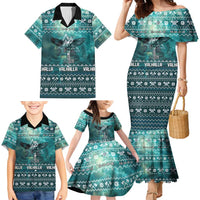 Viking Valhalla Christmas Family Matching Mermaid Dress and Hawaiian Shirt with Norse Symbols Raven and Fa La La La Design - Wonder Print Shop