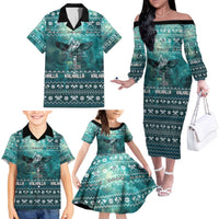 Viking Valhalla Christmas Family Matching Off The Shoulder Long Sleeve Dress and Hawaiian Shirt with Norse Symbols Raven and Fa La La La Design - Wonder Print Shop