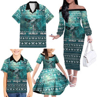 Viking Valhalla Christmas Family Matching Off The Shoulder Long Sleeve Dress and Hawaiian Shirt with Norse Symbols Raven and Fa La La La Design - Wonder Print Shop
