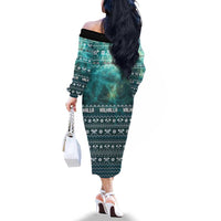 Viking Valhalla Christmas Family Matching Off The Shoulder Long Sleeve Dress and Hawaiian Shirt with Norse Symbols Raven and Fa La La La Design - Wonder Print Shop