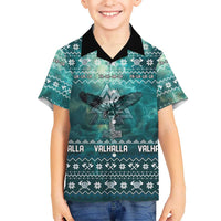Viking Valhalla Christmas Family Matching Off The Shoulder Long Sleeve Dress and Hawaiian Shirt with Norse Symbols Raven and Fa La La La Design - Wonder Print Shop
