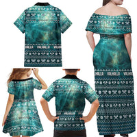 Viking Valhalla Christmas Family Matching Off Shoulder Maxi Dress and Hawaiian Shirt with Norse Symbols Raven and Fa La La La Design - Wonder Print Shop