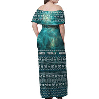 Viking Valhalla Christmas Family Matching Off Shoulder Maxi Dress and Hawaiian Shirt with Norse Symbols Raven and Fa La La La Design - Wonder Print Shop