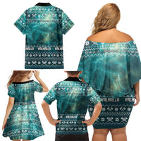Viking Valhalla Christmas Family Matching Off Shoulder Short Dress and Hawaiian Shirt with Norse Symbols Raven and Fa La La La Design - Wonder Print Shop