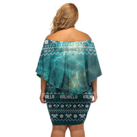 Viking Valhalla Christmas Family Matching Off Shoulder Short Dress and Hawaiian Shirt with Norse Symbols Raven and Fa La La La Design - Wonder Print Shop
