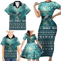 Viking Valhalla Christmas Family Matching Short Sleeve Bodycon Dress and Hawaiian Shirt with Norse Symbols Raven and Fa La La La Design - Wonder Print Shop