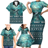 Viking Valhalla Christmas Family Matching Short Sleeve Bodycon Dress and Hawaiian Shirt with Norse Symbols Raven and Fa La La La Design - Wonder Print Shop