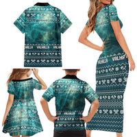 Viking Valhalla Christmas Family Matching Short Sleeve Bodycon Dress and Hawaiian Shirt with Norse Symbols Raven and Fa La La La Design - Wonder Print Shop