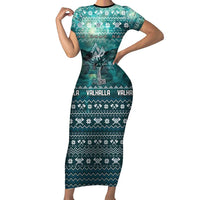 Viking Valhalla Christmas Family Matching Short Sleeve Bodycon Dress and Hawaiian Shirt with Norse Symbols Raven and Fa La La La Design - Wonder Print Shop