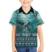 Viking Valhalla Christmas Family Matching Short Sleeve Bodycon Dress and Hawaiian Shirt with Norse Symbols Raven and Fa La La La Design - Wonder Print Shop