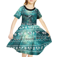 Viking Valhalla Christmas Kid Short Sleeve Dress with Norse Symbols Raven and Fa La La La Design - Wonder Print Shop