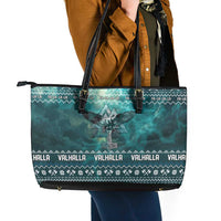 Viking Valhalla Christmas Leather Tote Bag with Norse Symbols Raven and Fa La La La Design - Wonder Print Shop