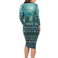 Viking Valhalla Christmas Long Sleeve Bodycon Dress with Norse Symbols Raven and Fa La La La Design - Wonder Print Shop