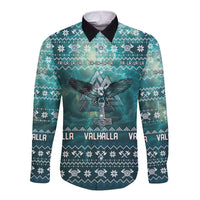 Viking Valhalla Christmas Long Sleeve Button Shirt with Norse Symbols Raven and Fa La La La Design - Wonder Print Shop