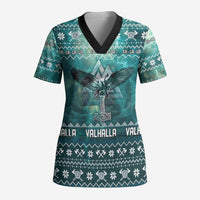 Viking Valhalla Christmas Scrub Top with Norse Symbols Raven and Fa La La La Design - Wonder Print Shop