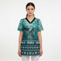 Viking Valhalla Christmas Scrub Top with Norse Symbols Raven and Fa La La La Design - Wonder Print Shop