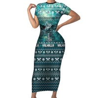 Viking Valhalla Christmas Short Sleeve Bodycon Dress with Norse Symbols Raven and Fa La La La Design - Wonder Print Shop