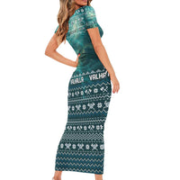 Viking Valhalla Christmas Short Sleeve Bodycon Dress with Norse Symbols Raven and Fa La La La Design - Wonder Print Shop