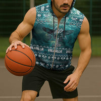 Viking Valhalla Christmas Sleeveless Zip Hoodie with Norse Symbols Raven and Fa La La La Design - Wonder Print Shop