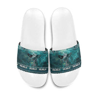 Viking Valhalla Christmas Slide Sandals with Norse Symbols Raven and Fa La La La Design - Wonder Print Shop