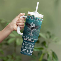 Viking Valhalla Christmas Tumbler With Handle with Norse Symbols Raven and Fa La La La Design - Wonder Print Shop