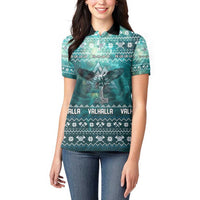 Viking Valhalla Christmas Women Polo Shirt with Norse Symbols Raven and Fa La La La Design - Wonder Print Shop