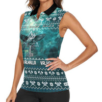 Viking Valhalla Christmas Women Sleeveless Polo Shirt with Norse Symbols Raven and Fa La La La Design - Wonder Print Shop