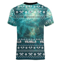 Viking Valhalla Christmas Women V-Neck T-Shirt with Norse Symbols Raven and Fa La La La Design - Wonder Print Shop