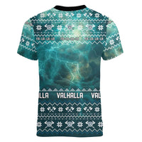 Viking Valhalla Christmas Women V-Neck T-Shirt with Norse Symbols Raven and Fa La La La Design - Wonder Print Shop