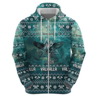 Viking Valhalla Christmas Zip Hoodie with Norse Symbols Raven and Fa La La La Design - Wonder Print Shop