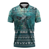 Viking Valhalla Christmas Zipper Polo Shirt with Norse Symbols Raven and Fa La La La Design - Wonder Print Shop