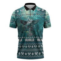Viking Valhalla Christmas Zipper Polo Shirt with Norse Symbols Raven and Fa La La La Design - Wonder Print Shop