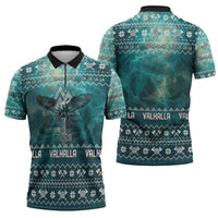 Viking Valhalla Christmas Zipper Polo Shirt with Norse Symbols Raven and Fa La La La Design - Wonder Print Shop