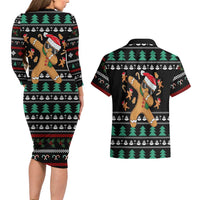 Funny Dabbing Gingerbread Holiday Party Jumper Couples Matching Long Sleeve Bodycon Dress and Hawaiian Shirt Xmas Holiday Patterns - Wonder Print Shop