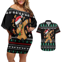 Funny Dabbing Gingerbread Holiday Party Jumper Couples Matching Off Shoulder Short Dress and Hawaiian Shirt Xmas Holiday Patterns - Wonder Print Shop
