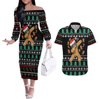 Funny Dabbing Gingerbread Holiday Party Jumper Couples Matching Off The Shoulder Long Sleeve Dress and Hawaiian Shirt Xmas Holiday Patterns - Wonder Print Shop