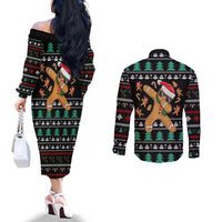 Funny Dabbing Gingerbread Holiday Party Jumper Couples Matching Off The Shoulder Long Sleeve Dress and Long Sleeve Button Shirt Xmas Holiday Patterns - Wonder Print Shop