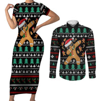 Funny Dabbing Gingerbread Holiday Party Jumper Couples Matching Short Sleeve Bodycon Dress and Long Sleeve Button Shirt Xmas Holiday Patterns - Wonder Print Shop