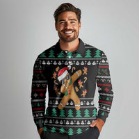 Funny Dabbing Gingerbread Holiday Party Jumper Long Sleeve Polo Shirt Xmas Holiday Patterns - Wonder Print Shop