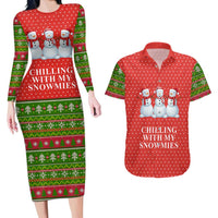 Chilling With My Snowmies Christmas Couples Matching Long Sleeve Bodycon Dress and Hawaiian Shirt Xmas Holiday Patterns - Wonder Print Shop