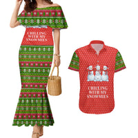 Chilling With My Snowmies Christmas Couples Matching Mermaid Dress and Hawaiian Shirt Xmas Holiday Patterns - Wonder Print Shop
