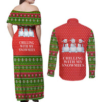 Chilling With My Snowmies Christmas Couples Matching Off Shoulder Maxi Dress and Long Sleeve Button Shirt Xmas Holiday Patterns - Wonder Print Shop