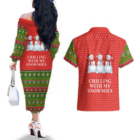 Chilling With My Snowmies Christmas Couples Matching Off The Shoulder Long Sleeve Dress and Hawaiian Shirt Xmas Holiday Patterns - Wonder Print Shop