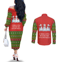 Chilling With My Snowmies Christmas Couples Matching Off The Shoulder Long Sleeve Dress and Long Sleeve Button Shirt Xmas Holiday Patterns - Wonder Print Shop