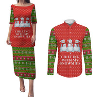 Chilling With My Snowmies Christmas Couples Matching Puletasi and Long Sleeve Button Shirt Xmas Holiday Patterns - Wonder Print Shop