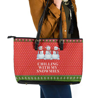 Chilling With My Snowmies Christmas Leather Tote Bag Xmas Holiday Patterns - Wonder Print Shop