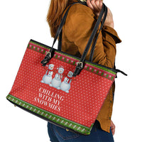 Chilling With My Snowmies Christmas Leather Tote Bag Xmas Holiday Patterns - Wonder Print Shop