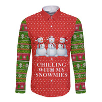 Chilling With My Snowmies Christmas Long Sleeve Button Shirt Xmas Holiday Patterns - Wonder Print Shop