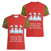 Chilling With My Snowmies Christmas Women V-Neck T-Shirt Xmas Holiday Patterns - Wonder Print Shop