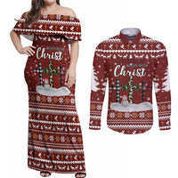 Christian Noel Christmas Couples Matching Off Shoulder Maxi Dress and Long Sleeve Button Shirt Xmas Holiday Patterns - Wonder Print Shop